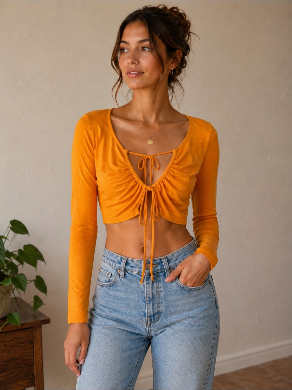 Free People FP BeachTie-Front Long Sleeve Crop Top Mango XS